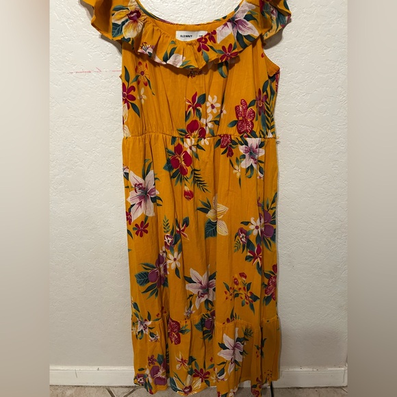 🎮Old Navy ruffle scoop neck Hawaiian Yellow Floral Dress size XL GUC - Picture 3 of 14